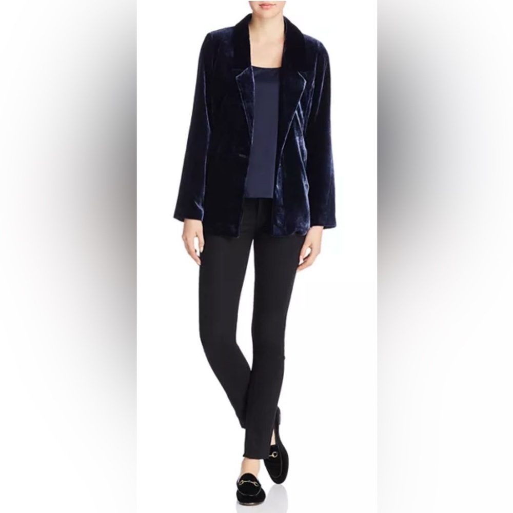 Eileen Fisher Sz PL Midnight Blue Velvet Blazer Buttoned Lined Side Pockets